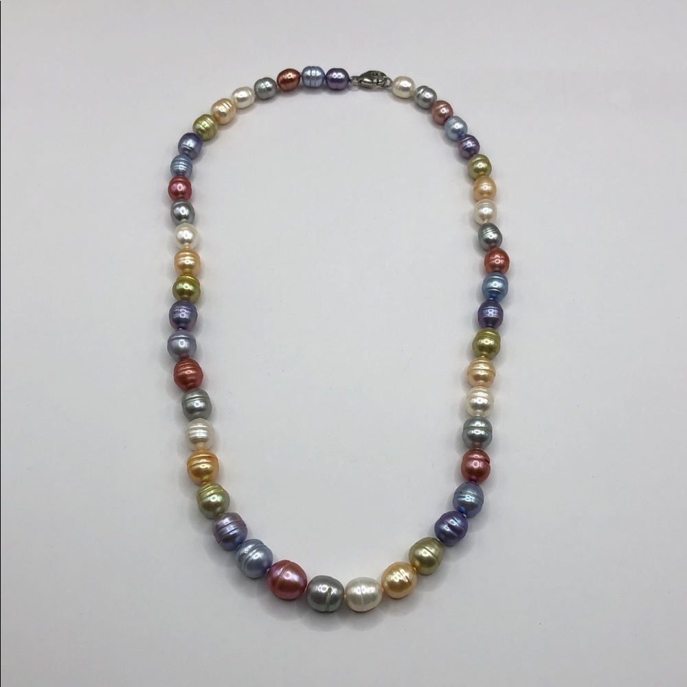 Colorful dyed genuine cultured freshwater pearls necklace sterling silver 925.